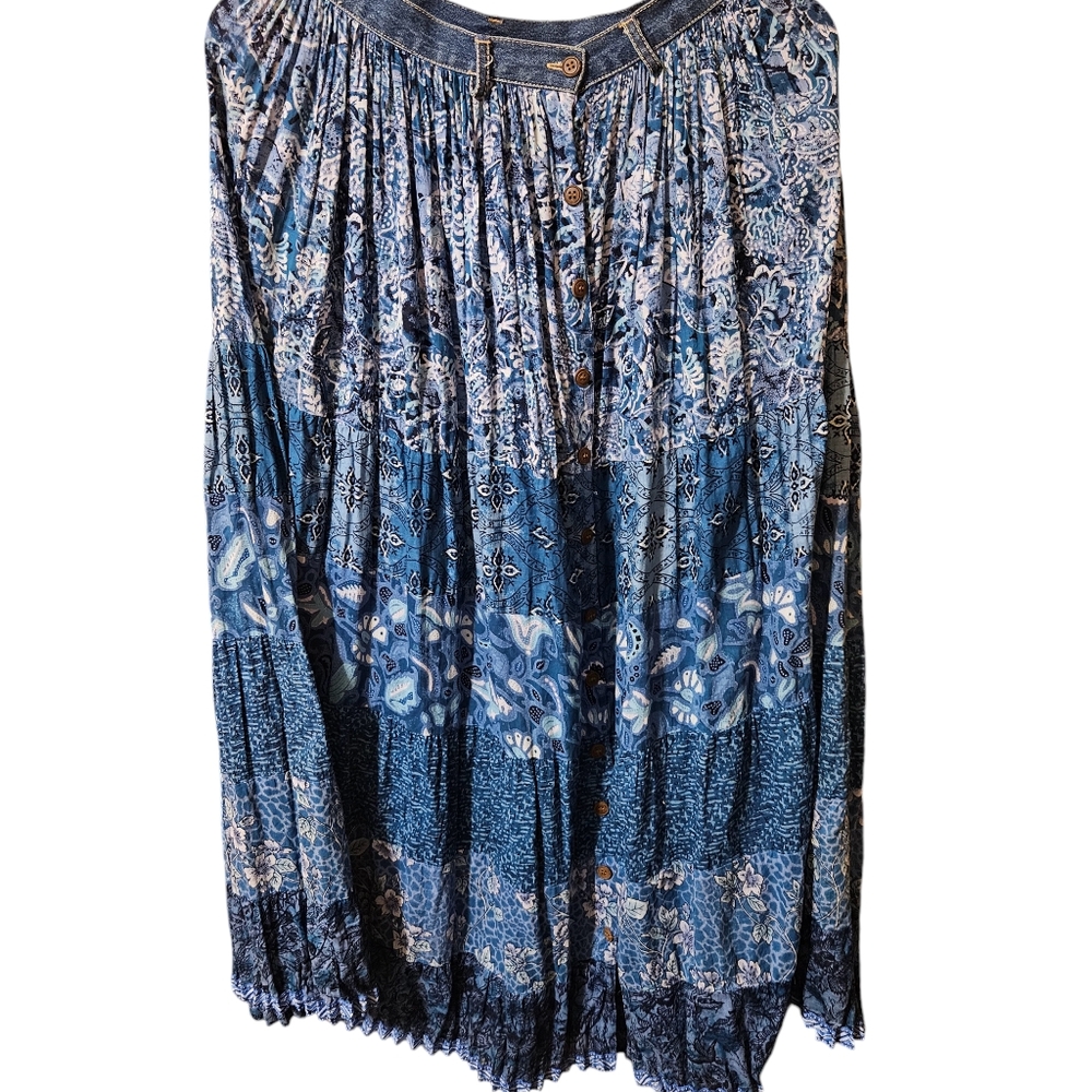 BOHO GYPSIE BOTANICAL DENIM ACCENT MAXI SKIRT 8